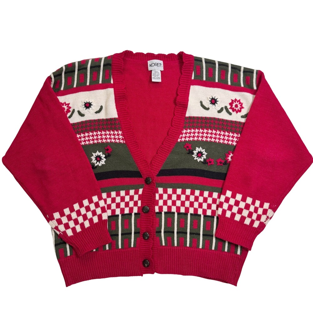 Vintage Koret Cardigan Sweater Large Red Fall Floral Folk Check Eclectic Grandma